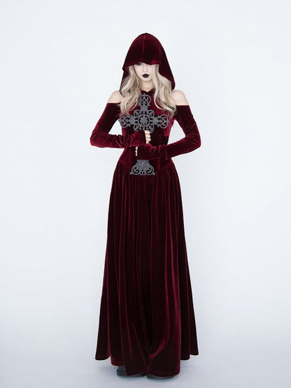 Dress Gothic Cutout Style Red Medieval Vampire with Shoulder Witch Velvet Hooded -