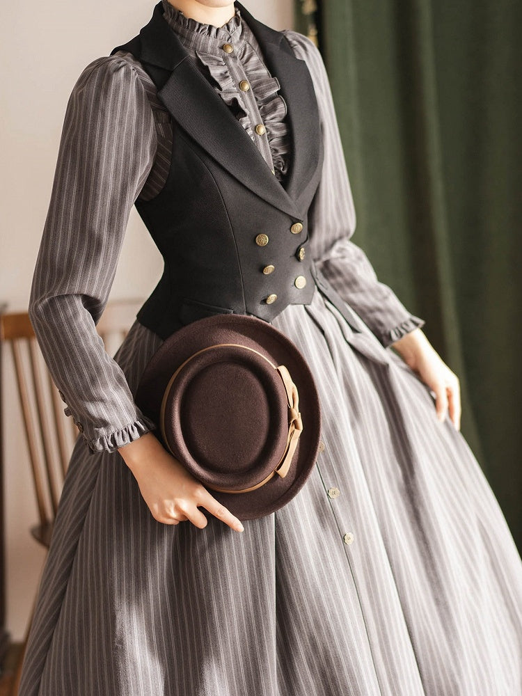 Ruffle Details and with Lacing Gray Back Side Striped Vintage Zipper Dress