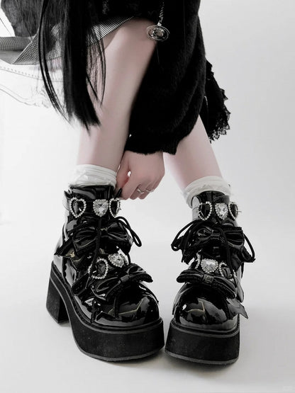 Platform Ankle Boots Buckles Jirai Kei Polished and Black Rhinestons Sweetheart with