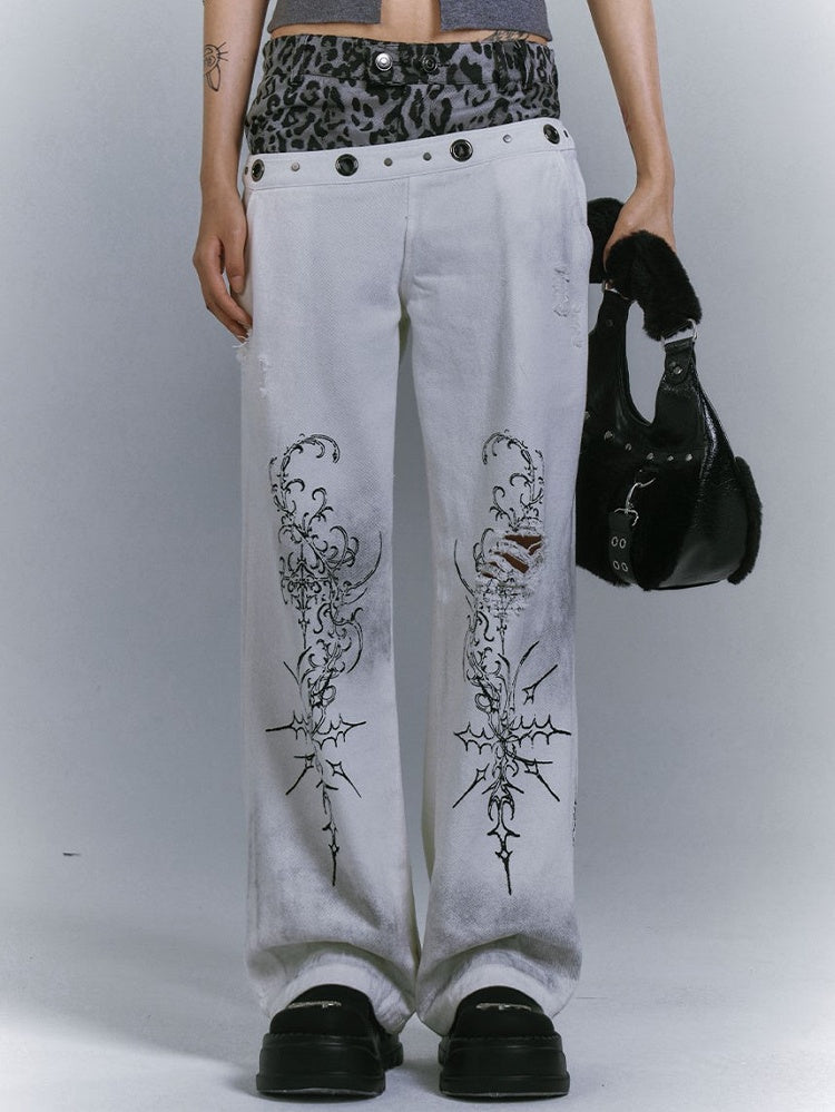 White Leopard Punk Jeans Print with Waistband Vintage Distressed Botanical