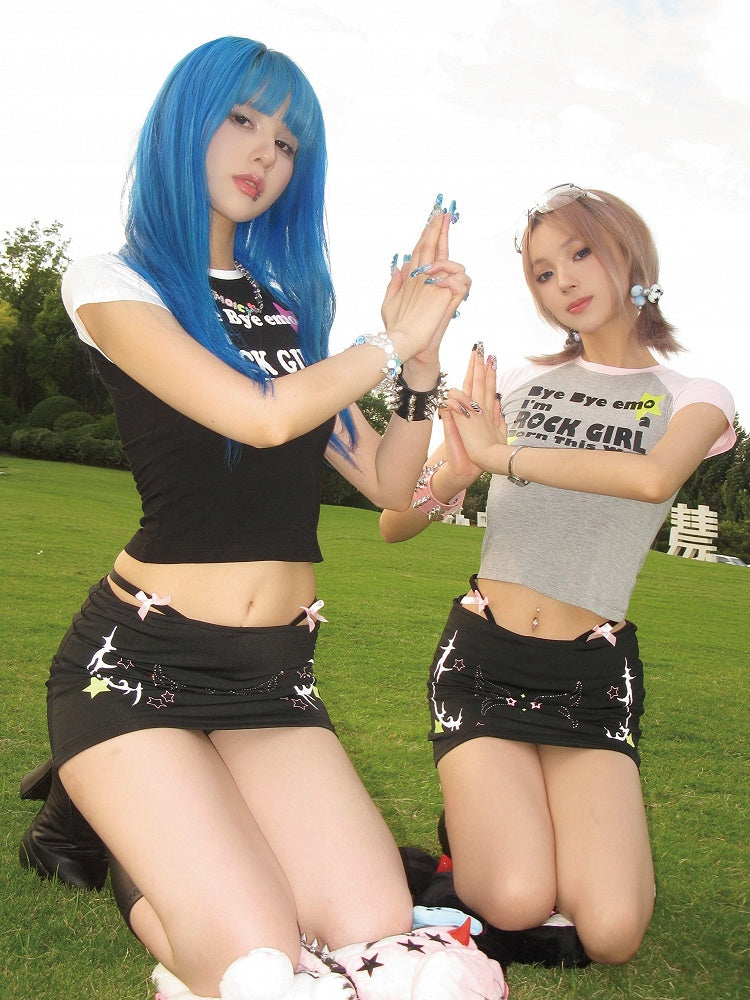 Lining and Rhinestone Star Design Y2K Gyaru Black Bodycon Skirt with Reflective