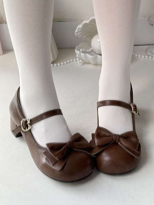 Design with Fastener Mid-heel - Decorative Bow Kitty Toe Shoes Round Lolita Brown 4.5cm PU Sweet in