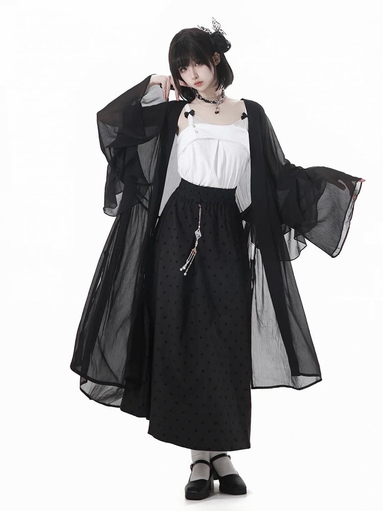 アウターウェア セミシースルー ロング シフォンスタイル ブラック チャイナドレス