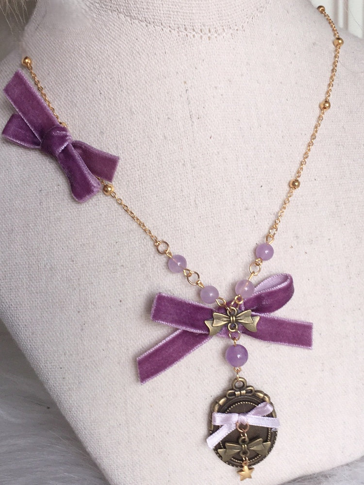 Bowknot Vintage Velvet Badge Lolita Pendant Sweet Necklace Purple