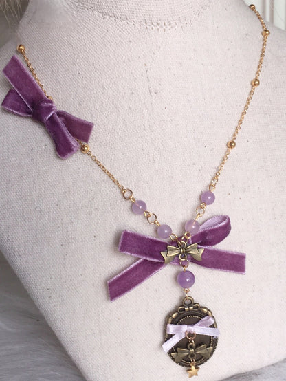 Bowknot Vintage Velvet Badge Lolita Pendant Sweet Necklace Purple
