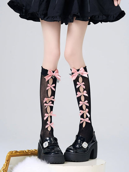 Pink / White Jirai Cut-out Black Calf Kei Socks Bow Decoration Design