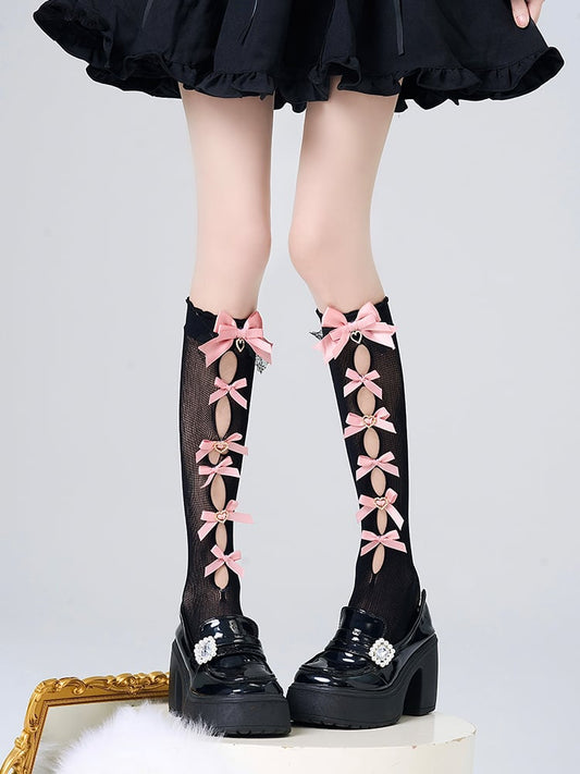 Pink / White Jirai Cut-out Black Calf Kei Socks Bow Decoration Design