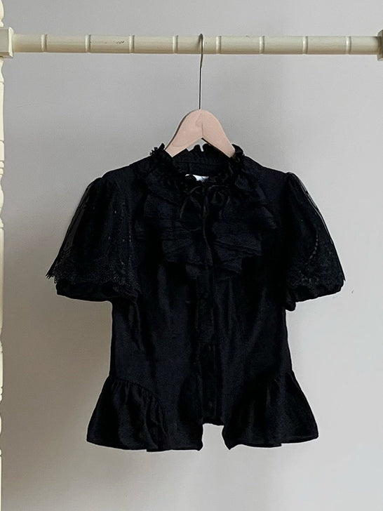 Comfortable Shirt Neckline Black Puff Sleeves Breathable Short Ruffle and