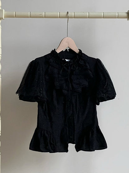 Comfortable Shirt Neckline Black Puff Sleeves Breathable Short Ruffle and