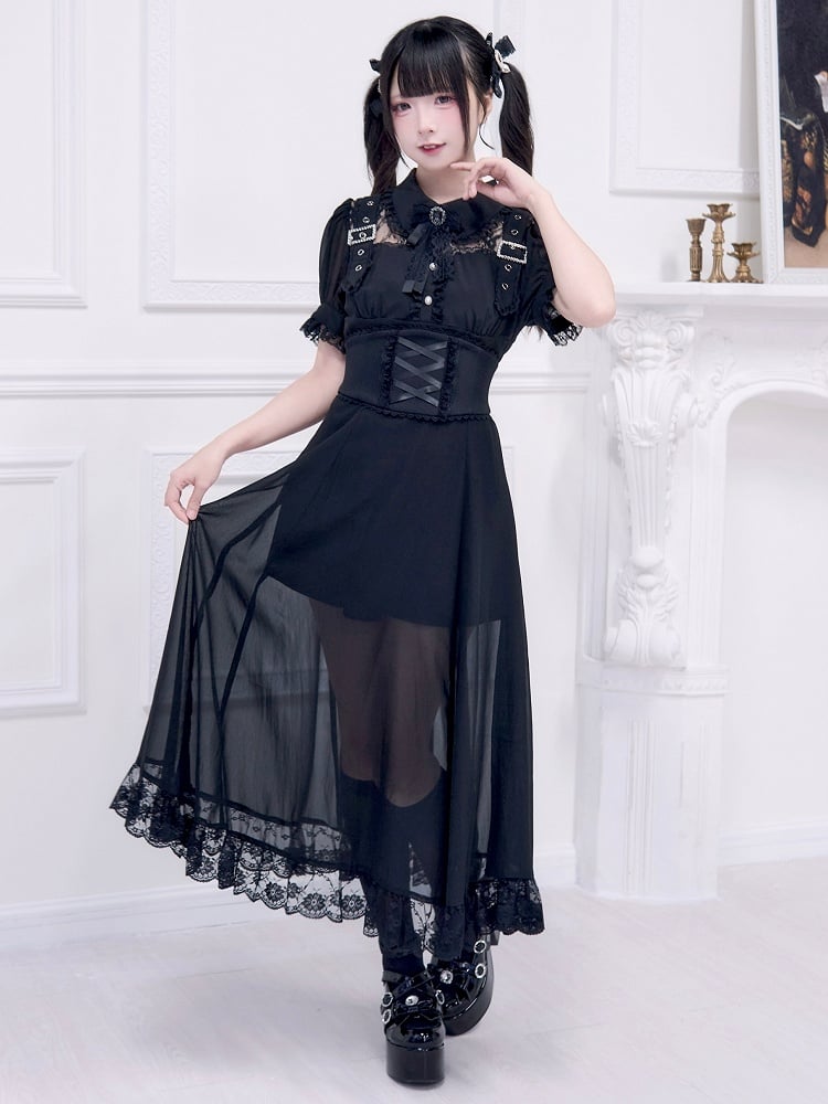 Illusion Black Neckline Dress Free Corset Jirai Buckle with Belt Adorned Kei Long
