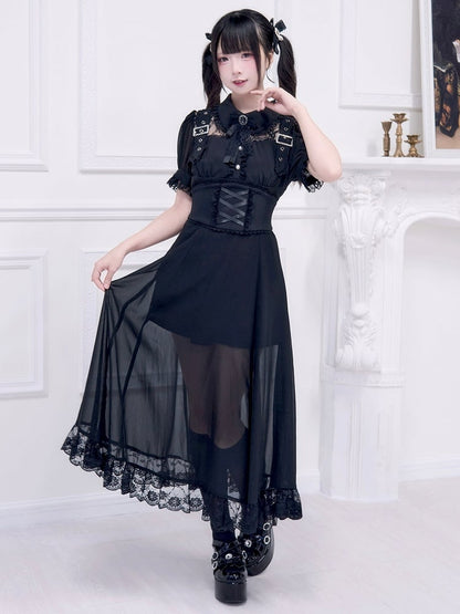 Illusion Schwarzes Ausschnittkleid Kostenloses Korsett Jirai Schnalle mit Gürtel verziert Kei Long