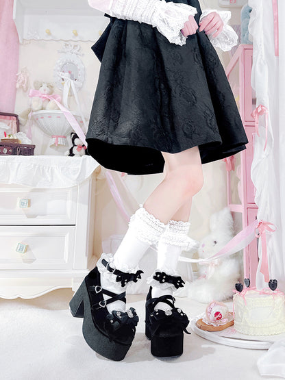 ブロック・メアリー・アクセント・スクール・ブラック・ボウ・ロリータ・ヒール・オールド・ベルベット・ケイ・ジライ・ジェーンズ・ハイ