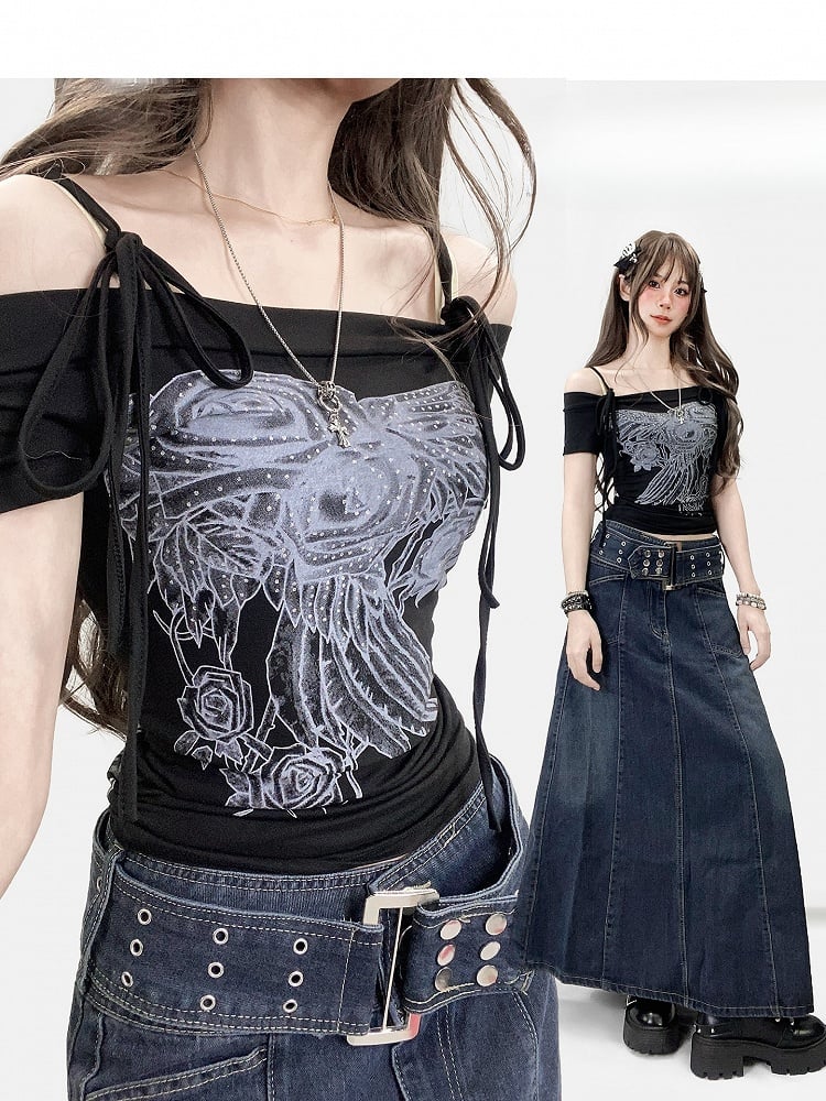 Schulterfreier Ausschnitt, verziert mit floralem schwarzem Strass-T-Shirt-Design Y2K