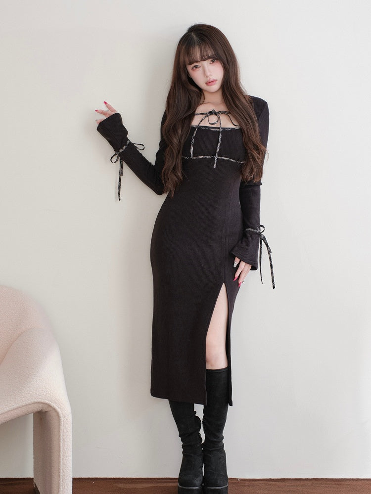 Innocent Jirai Knit Clean Kei Style Long-Sleeve Slit Black Dress