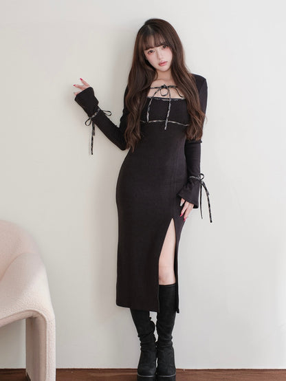 Innocent Jirai Knit Clean Kei Style Long-Sleeve Slit Black Dress