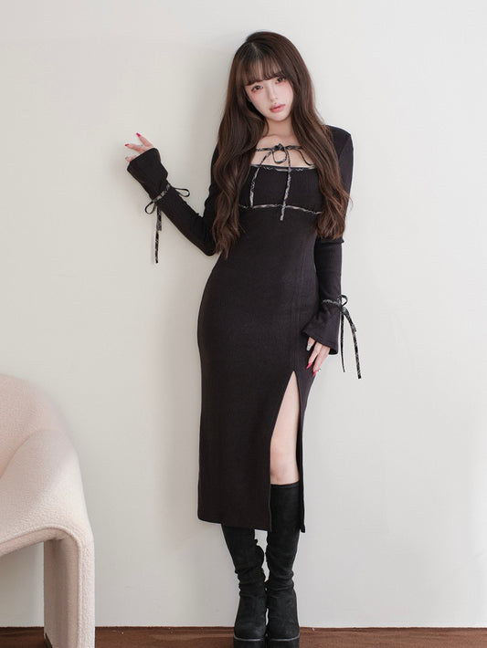 Innocent Jirai Knit Clean Kei Style Long-Sleeve Slit Black Dress