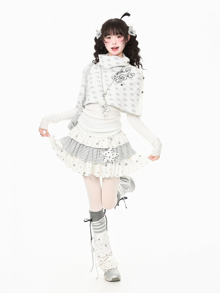 White Kawaii Fall Two Piece Cape Music Note Star Print Top - Languid Park