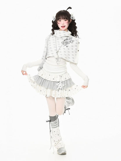 White Kawaii Fall Two Piece Cape Music Note Star Print Top - Languid Park