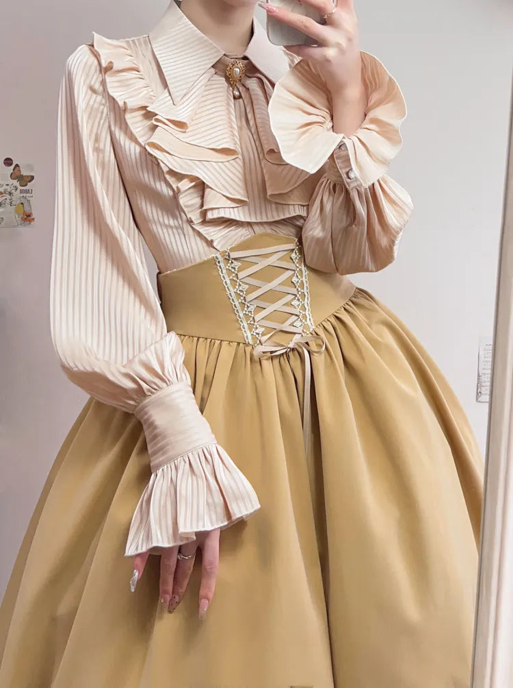 Spitz gestreifter Stoff Beige Jabot Hemdärmel Flacher langer Kragen