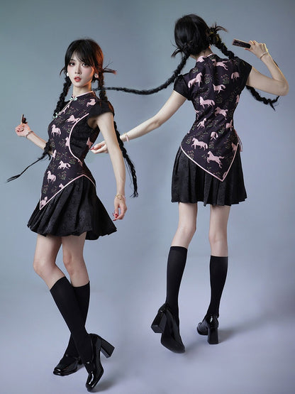 Sweet Cheongsam Dress with Horse Pattern & Pleated Skirt - sijinstudio