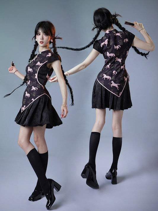 Sweet Cheongsam Dress with Horse Pattern & Pleated Skirt - sijinstudio
