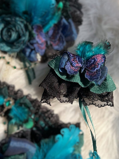 Feather Cuffs Wrist Butterfly Peacock Lace Green