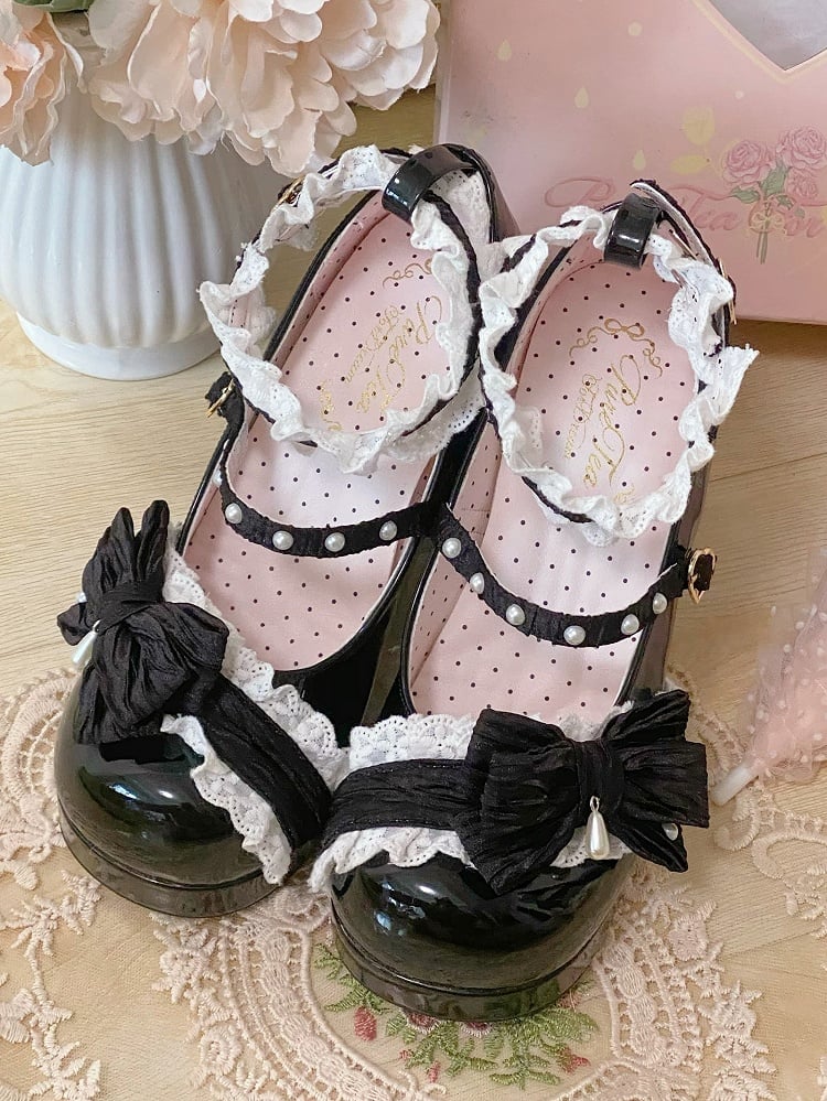 Leather - Lace Sweet Block Edging Black Heel High Shoes PU