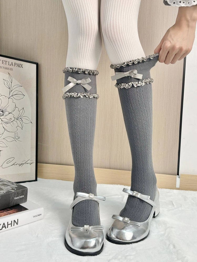 Bow Stockings Lolita Colors) Cable-Knit Style Ruffled (5