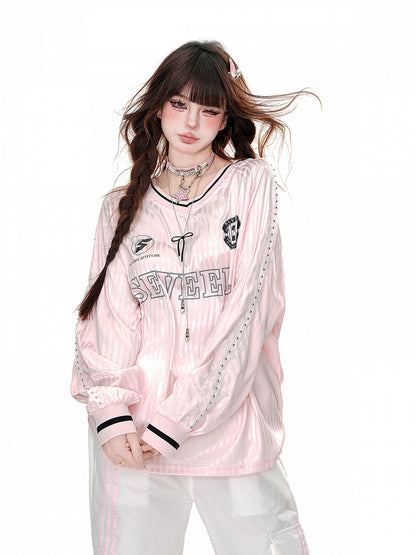 Loose V-Neck Sweatshirt Pink/Gray Striped Pattern