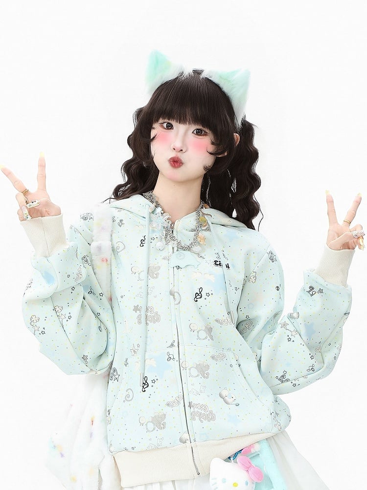 Closure Apricot/Green Zipper with Kawaii Daily Hoodie Jacket