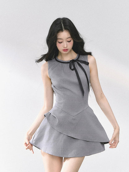 ノースリーブドレス グレー バスクウエスト セルフタイネックライン ミニ