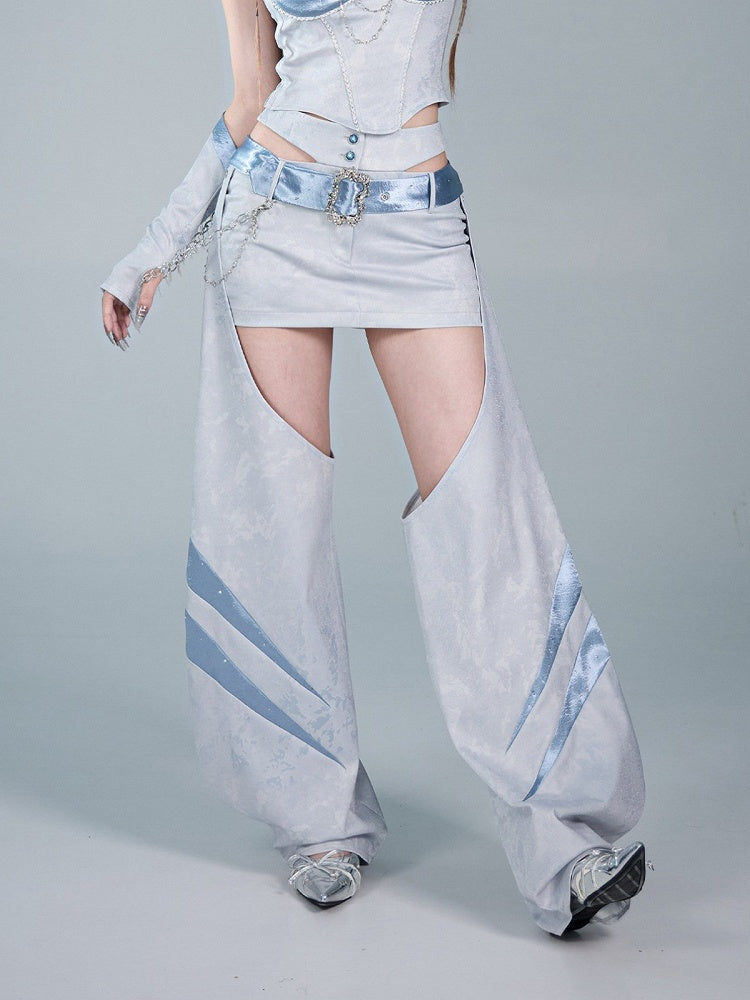 Blue Punk Style Satin Belt Skirt with Curved Leg Warmers Set - Virtual Orbit