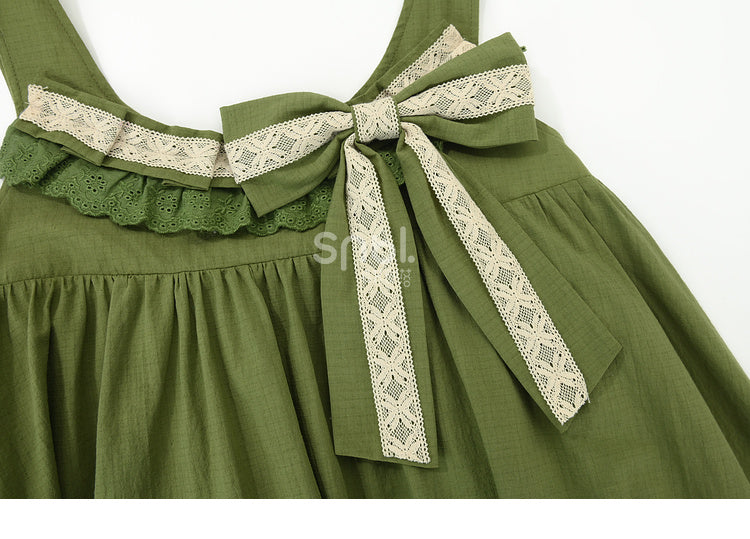 with Detachable Sweet Ruffle Green Overall Dress Hem Bowknot