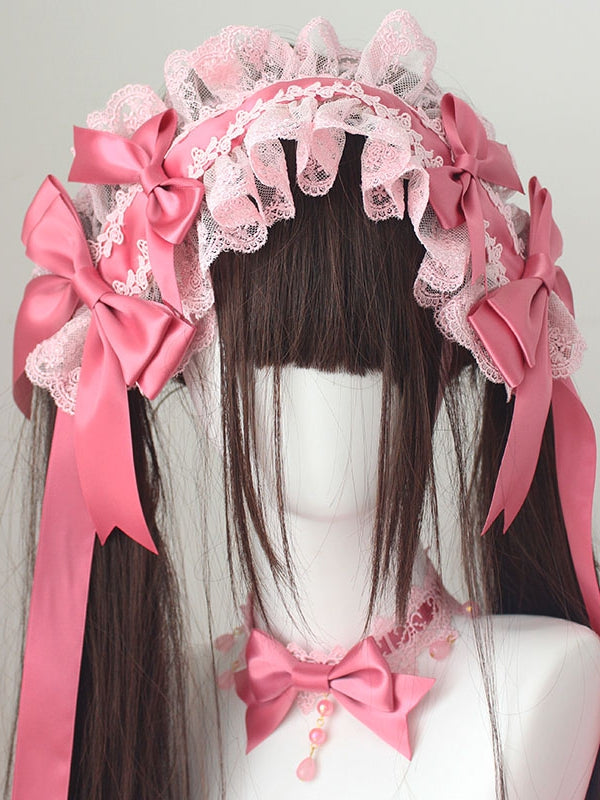 Bowknot Details Lace Trim Pink Hairband