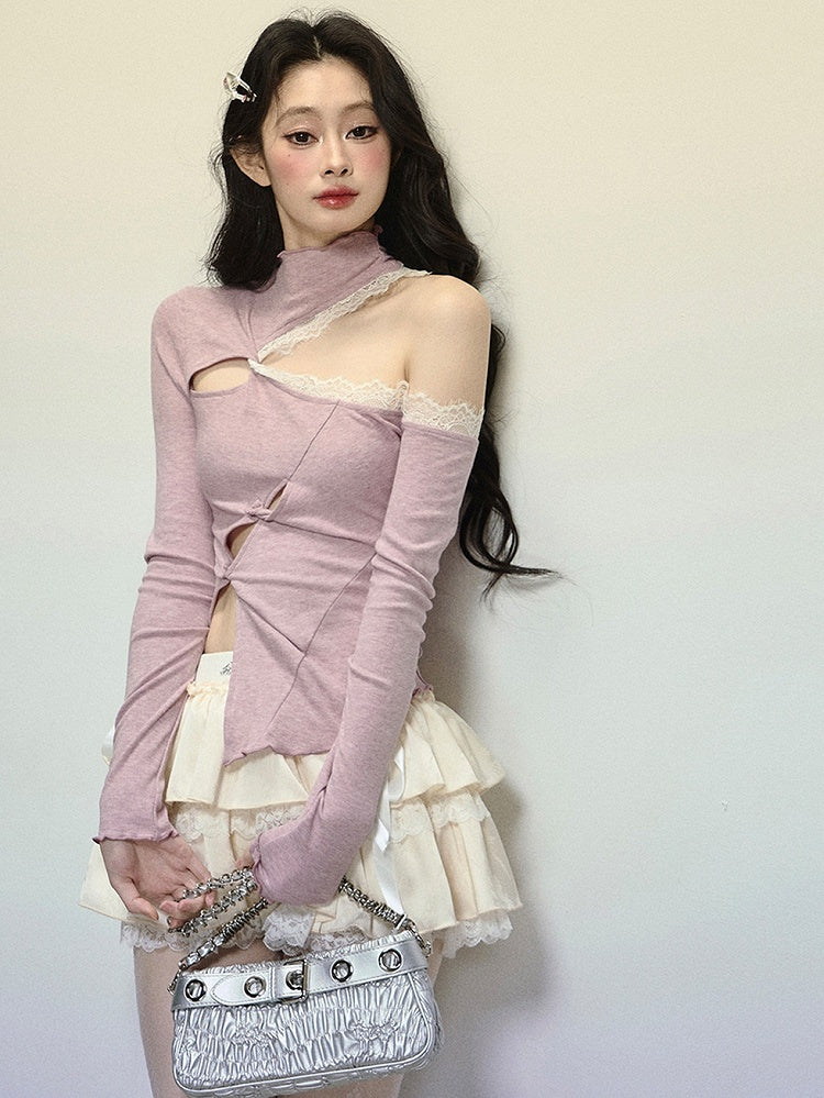 Purple Cutout Shoulder Mock Neck Top with Asymmetrical Hem