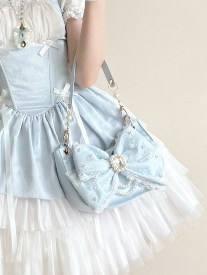 Lolita Sweet Bag Satin Bow and Bead Underarm with in Crystal Dazzling Blue