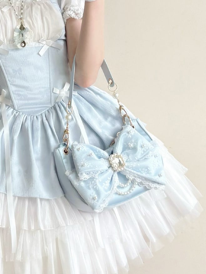 Blue Sweet Lolita Satin Underarm Bag with Crystal Bow - Sheep Puff Bag