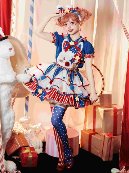Clown Dark Bunny Kleid Blau Clowncore Overalls Fleece Lolita Pastell Sweet Circus Rot und Mieder
