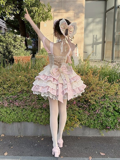 ネックバスクドレス ウエストピンクスカート ホルターティアードQi取り外し可能ロリータ