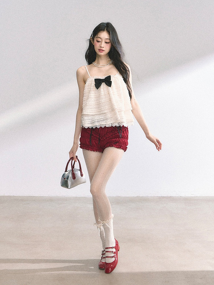 アプリコット レーストリム ティアードキャミソール リボン結び ブラック