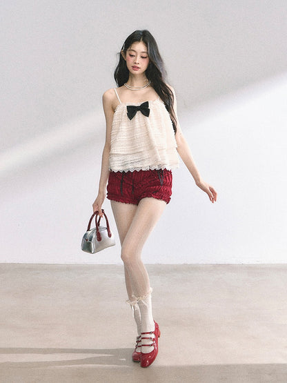 アプリコット レーストリム ティアードキャミソール リボン結び ブラック