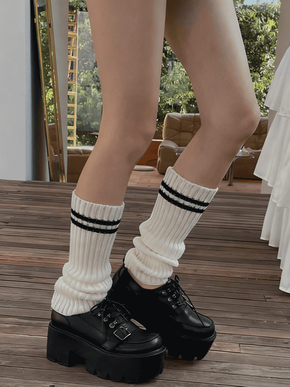 Knitted Black/White Warmers Striped Leg Pattern