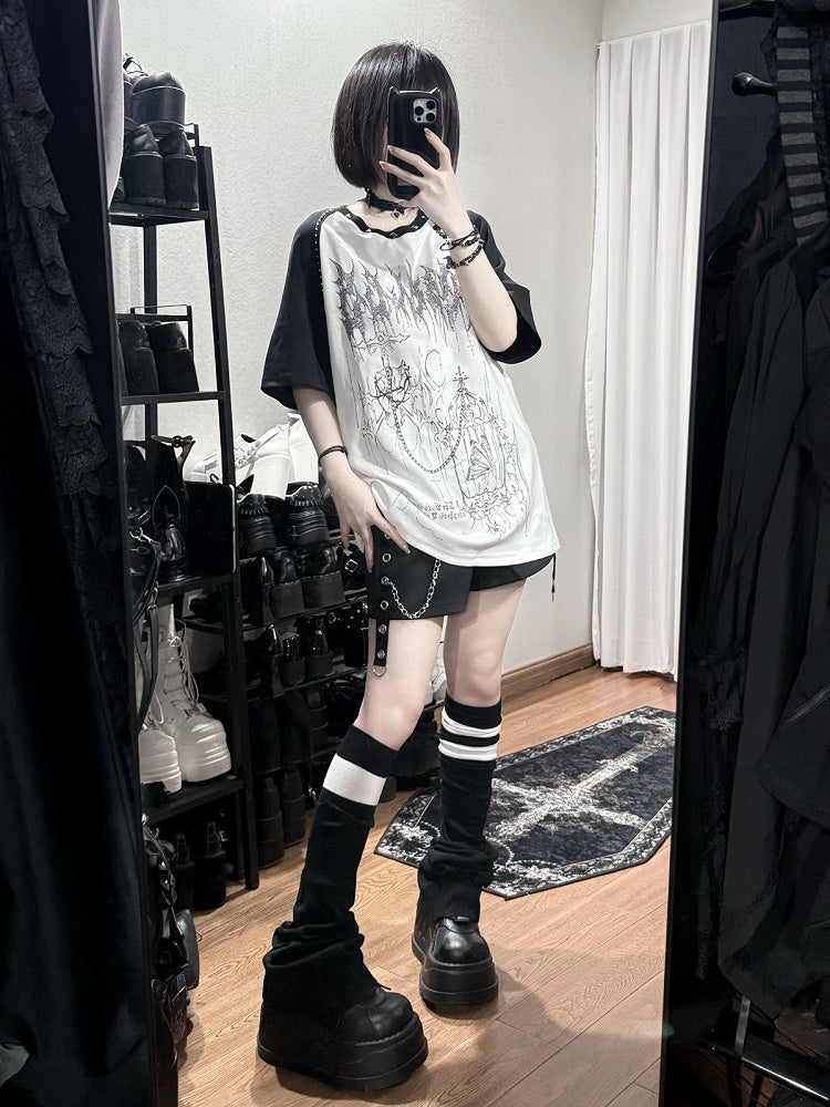 White Landmine Style Raglan Short Sleeve Tee with Hot-Fix Rhinestone & Graphic Accents - Puzzles