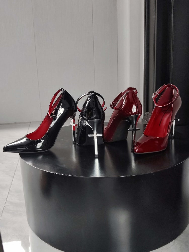 Design Heel Cross High Pointed Heels Toe Clearance-Size Gothic Black 40