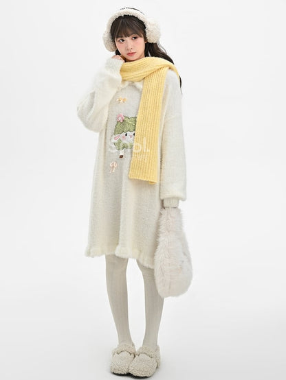 Süßes weißes Strickkleid mit Peter-Pan-Kragen und Lamm-Applikation