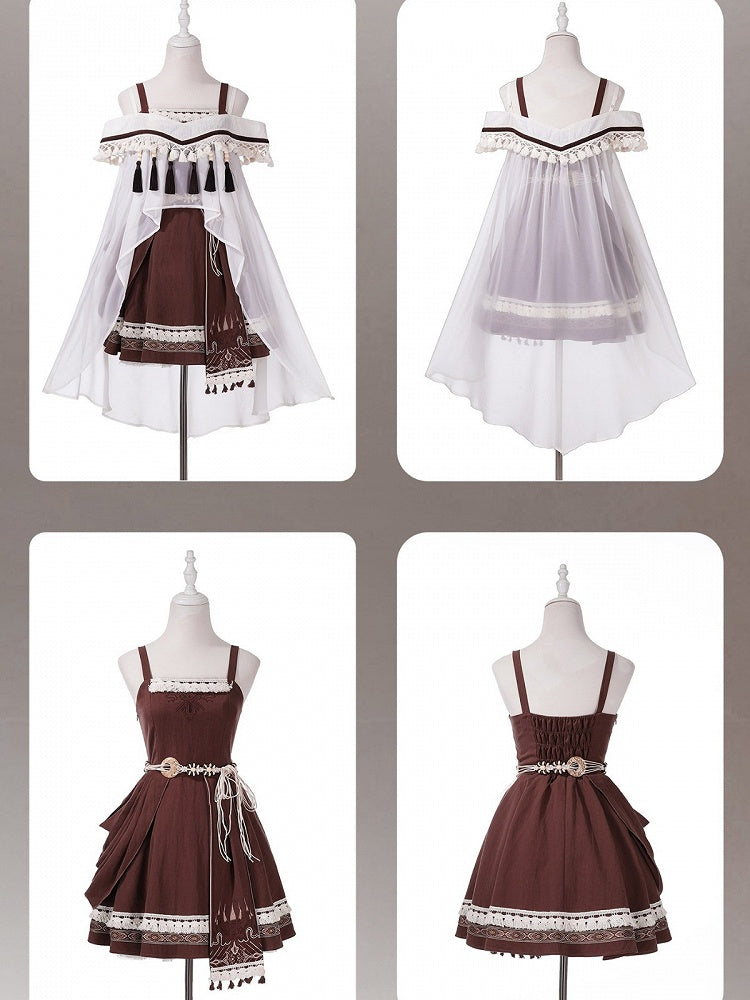 Brown & White Cape + Dress Set with Fringe and Waist Belt - Wasteland Style - Unknown Star