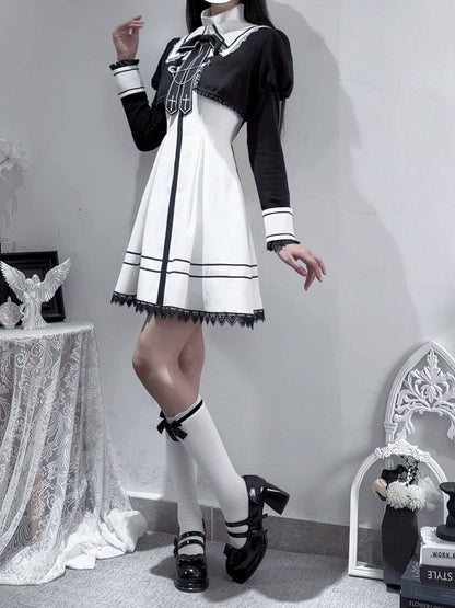 Jirai Kei Two-Tone Dress Set with Flutter Sleeves, Lace, Collar & Cross Bow - Ekomi