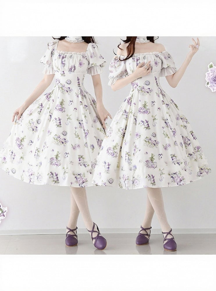 White Floral Puff-Sleeve One-Piece Lolita Dress - Forest Wardrobe