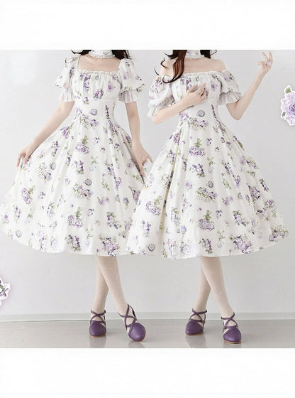 White Floral Puff-Sleeve One-Piece Lolita Dress - Forest Wardrobe