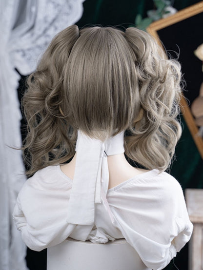 Gray Clips Wig Brown Length 30CM With Double Ponytail Claw Synthetic